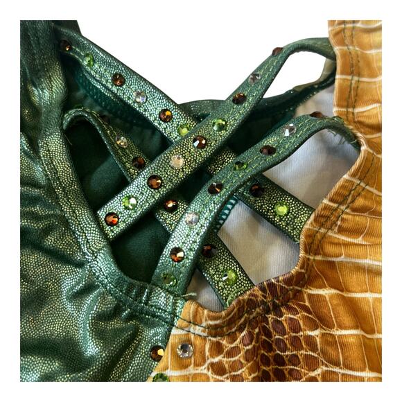 Gymnastics Dance Leotard Snake Skin Print Rhinestones Criss Cross Back Detail - Picture 5 of 6